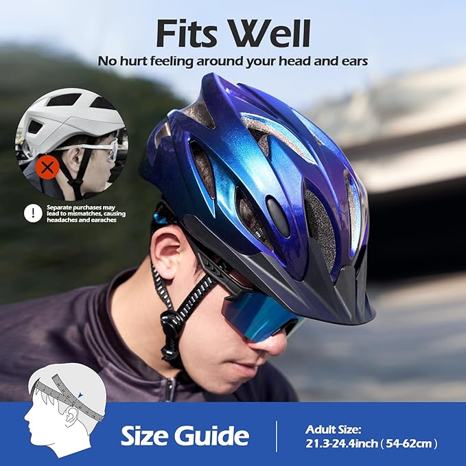 Odoland Adult Bike Helmet and Cycling Sunglasses Set for Men & Women, Safety Certified Bicycle Helmet with UV Protection Glasses for Mountain, Skating, Road, City Commuting & Outdoor Riding