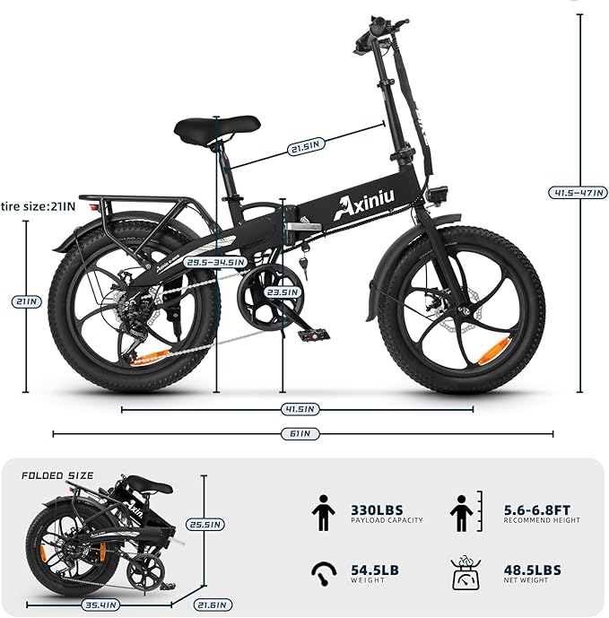 20" Folding Electric Bike for Adults, 500W Lightweight Foldable Ebike, 45lbs, 50+ Mile Range, 21mph Top Speed, Fat Tire Class 2 Electric Bicycle