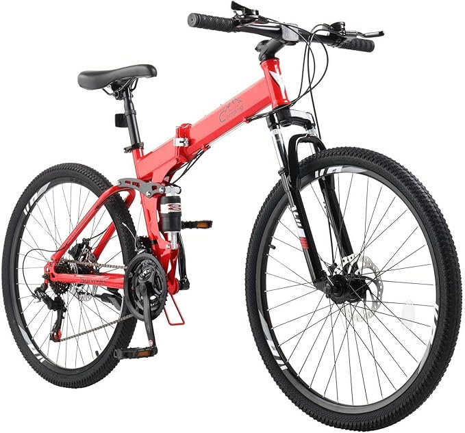 26in Folding Mountain Bike 21-Speed with Disc Brakes, Heavy-Duty Alloy Frame & Bike Suitable for &, Red - Urban Commuter, Trail Riding, Storage