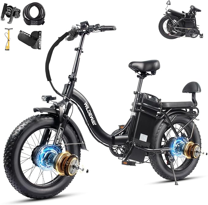 Wildeway 2000W Dual Motor Electric Bike SummitX 32Ah Battery E-Bike 90 Miles Long Range 28MPH Foldable 20x4.0 Fat Tire Ebike for Adult Hydraulic Brake Delivery Commuting Bicycle 2 Seat