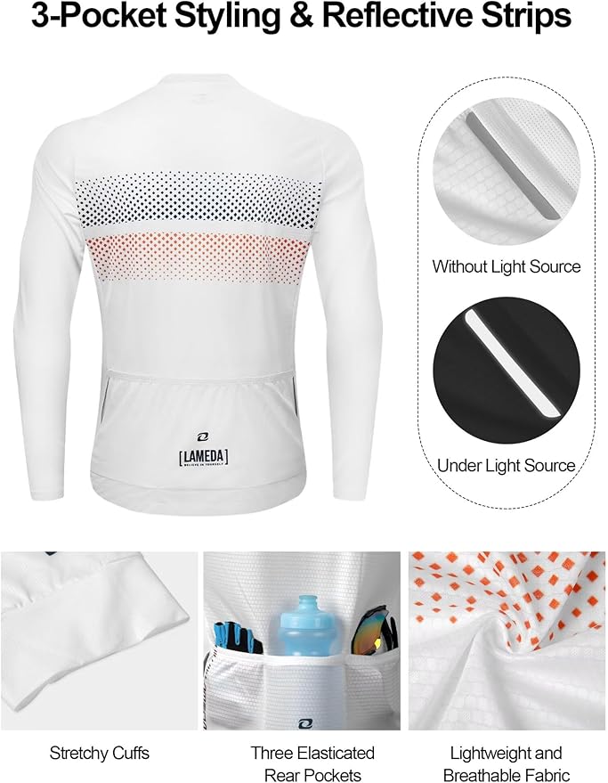 LAMEDA Men's Cycling Jersey Long Sleeve, Breathable Moisture Wicking Bike Shirt, Lightweight Biking Shirt with 3 Rear Pockets