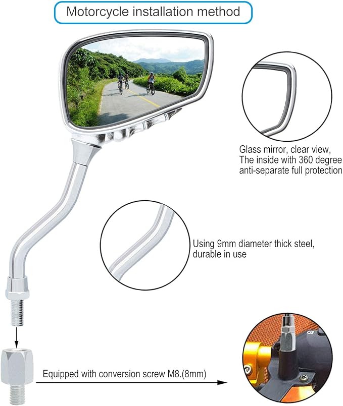1 Pair Bicycle Mirror,Big View Bike Rear View Mirror Blindsight Multi Angle Adjustable Bike Mirror Billet Aluminum Chrome Plated Outside Skull Claw Style Also suitable for motorcycle mirror