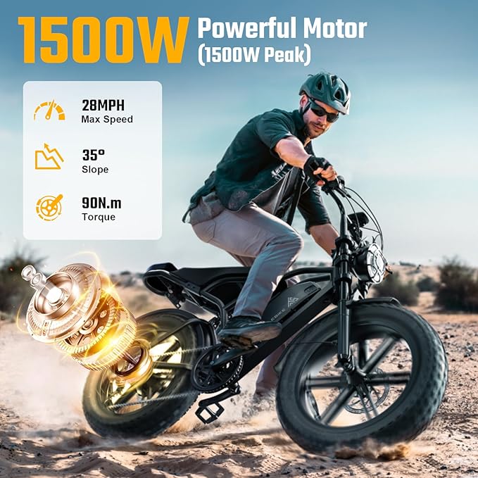 TST Electric Bike for Adults, 1500W Peak Motor 28 MPH 60/100 Miles Fat Tire Ebike with 48V 15Ah/25Ah Removable Battery 20" Electric Dirt Bike Full Suspension and 7-Speed