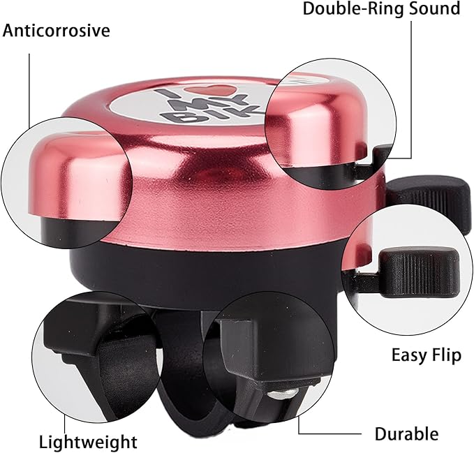 CREATCABIN I Love My Bike Bicycle Bell Aluminum Alloy Bike Bells Ring Round Pink Loud Sound Cycling Handlebars Bells with 4Pcs Resin Stickers