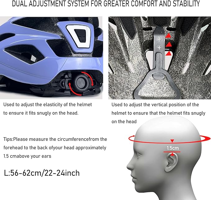 Bike Helmet for Adult Men Women with Multi-Mode Rear LED Light, with Suggested Fit 56-62cm, Lightweight with Adjustable Dial, Side and Chin Strap, Carbon Black Shiny Surface