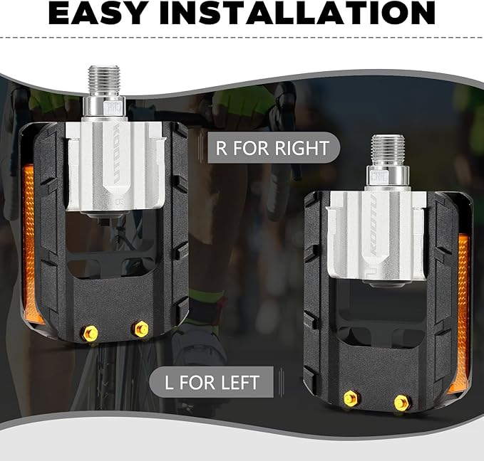 KOOTU Bike Pedals with Reflective Strips, Universal 9/16 Inch Mountain Bike Pedals, Non-Slip Aluminum Alloy Bicycle Pedals for Road BMX MTB Bike