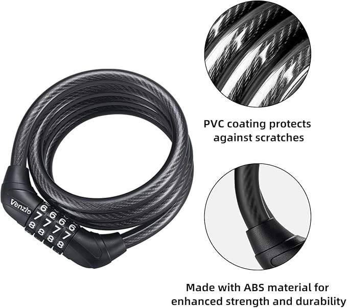 Venzio 2.62FT Bike Lock Cable, Heavy Duty 4-Digit Combination Lock, 10mm (3/8 inch) Self-Coiling Anti-Theft Security Cable for Bicycle, Scooter, Stroller, Fence, Gate, Grill, Outdoor Use