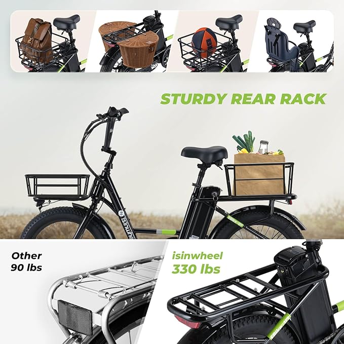 isinwheel U7 E Bike for Adults Electric Bike with Dual Cargo Rack, 48V 1000W Peak Ebikes for Adults, 7 Speed Gear, 20mph Step Thru Cruiser Electric Bicycles, 20" × 3“ Fat Tire Ebike