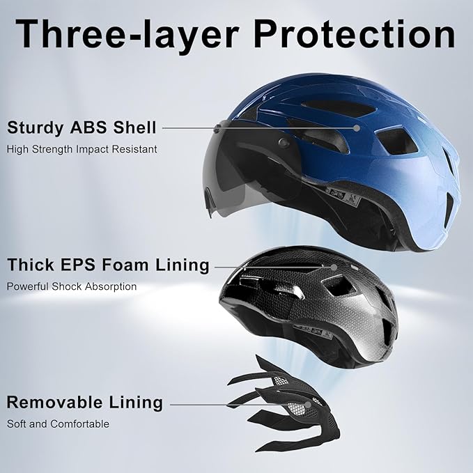 Bike Helmet Adult for Men, Lightweight Ebike Helmet with LED Light & Magnetic Goggles, USB Charging Cable Included, Cycling Helmet for Adult with Adjustable Dial Fit 22.8"- 24.4 "