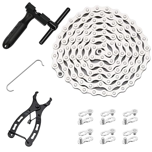 Bike Chain Kit, Single Speed Multi-Function Bike Mechanic Repair Kit, Chain Breaker and Bike Link Plier with Hook and 6 Pairs Bicycle Buckle, Reusable