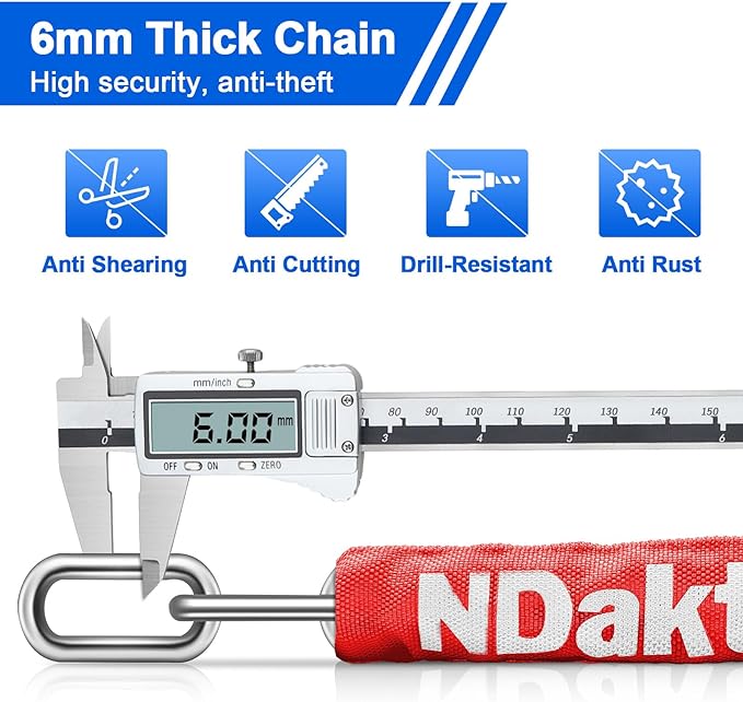 NDakter Bike Lock, 5 Digit Combination Heavy Duty Anti Theft Bicycle Chain Lock, 2.62/3.2/4.27/5/6Ft Long, High Security Resettable, Suitable for Bike, Scooter, Door, Gate, Fence-4/6mm Thick