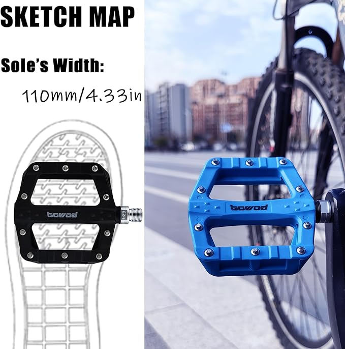 Flat MTB Bicycle Pedals Mountain Bike Colored Pedals, Glass-Fiber Nylon Composite Platform Pedal w 9/16" Sealed Cr-Mo Spindle, BMX Gravel Road Bike Pedals Clipless for Adult Women Youth Bikes
