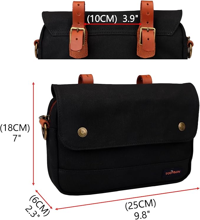 TOURBON Bike Bag Waxed Canvas Bicycle Handlebar Bag Zipper Closure Pouch Crossbar Front Frame Basket Cycling Saddebag Under Seat Strap-on Rear Rack Pannier (Black)