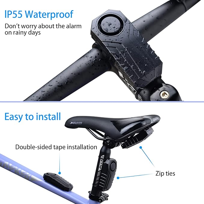 113dB Bike Alarms, Vibration Sensing Bike Alarm with Remote, Wireless Motorcycle Alarm for Electric Tricycle Mobility Scooter Vehicles Ebike for Cycling Security