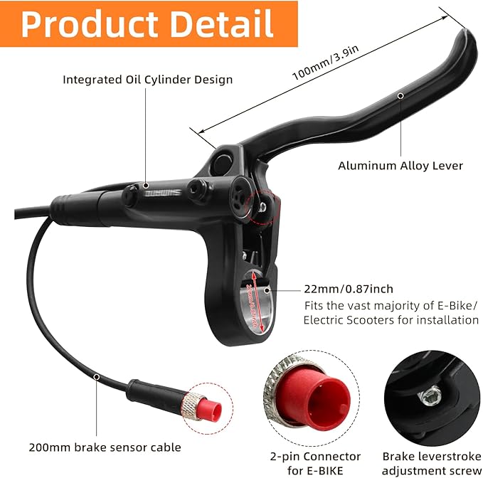 MT200 E-Bike Hydraulic Disc Brakes Set, 2-Pin 2-Piston Ebike Hydraulic Brakes Set, Pre-Bled with Mineral Oil Electric Power-Off Hydraulic Brakes for eBike, MTB, Electric Scooters