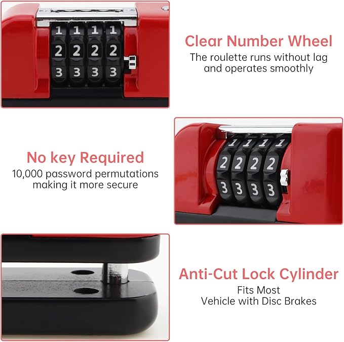 Windance Motorcycle Disc Brake Lock with Reminder Cable, Anti Theft Combination Wheel Lock,Waterproof Aluminum Alloy Keyless Password Security for Motorcycle Scooter Dirt Pit Bike E-Bike (Red)