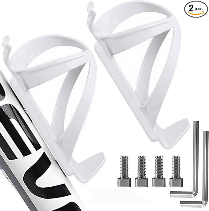 Bike Water Bottle Holders 2 Pack, Universal Bikes Cup Holders Cages, Ultra-Light Water Bottle Bike Cage with Stainless Steel Screws Tool, for Bicycle, Cycling, MTB, Road/Mountain Bikes - White
