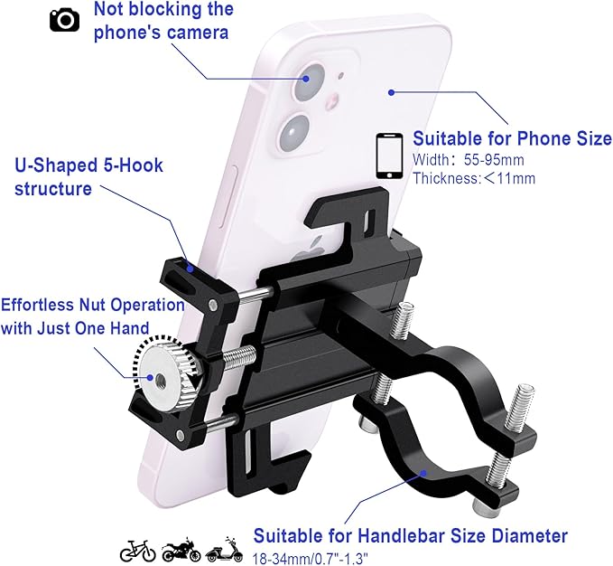 NineLeaf 10PK Bike Phone Mount Holder, Aluminum Motorcycle Phone Mount, Handlebar Mounted Cell Phone Holder for Bike, Camera Friendly, Rotatable, Universal Bicycle Phone Mount for 2.2-3.7 Inch Phones