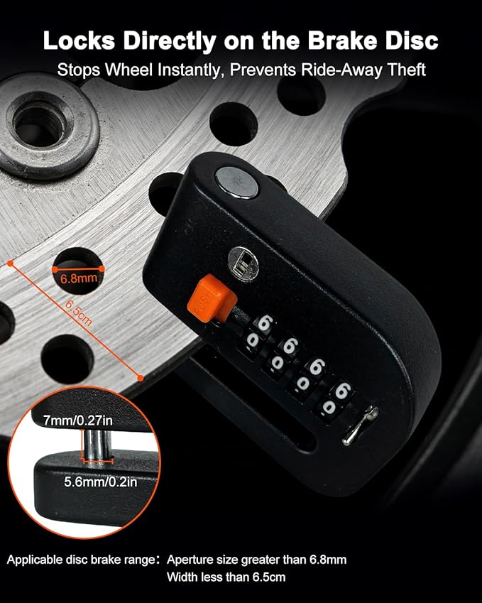 Motorcycle Disc Brake Lock, Motorcycle Locks Anti-Theft High Security 4-Digit Code Wheel Brake Lock Waterproof Alloy with Reminder Cable and Keys for Motorbike, E-Bikes, Scooters, Mountain Bike