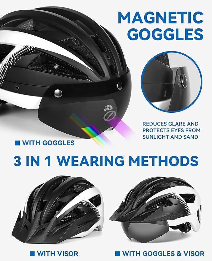 Adult Bike Helmet with Visor and Goggles for Men Women Mountain Road Bicycle Helmet Rechargeable Rear Light Cycling Helmet
