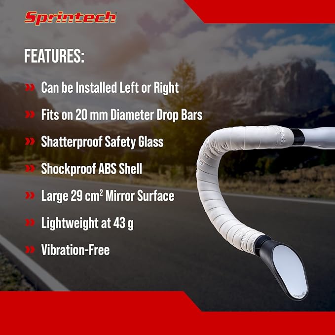 Sprintech Swiss-Made Convex Chrome-Plated Bike Mirror for Drop Bars – Hand-Finished, Adjustable, Reflective Surface, Durable ABS Housing (Black, Extra Large)