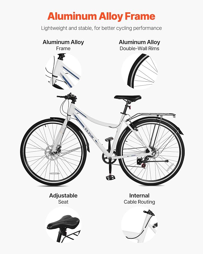 VEVOR Hybrid Bike, Lightweight Aluminum Frame Bike, 700c Wheel Men Women Hybrid Bicycle, Step-Over/Step-Through Adult Urban City Commuter Bikes, with 7/24 Speed, Alloy Adjustable Stem and Seat