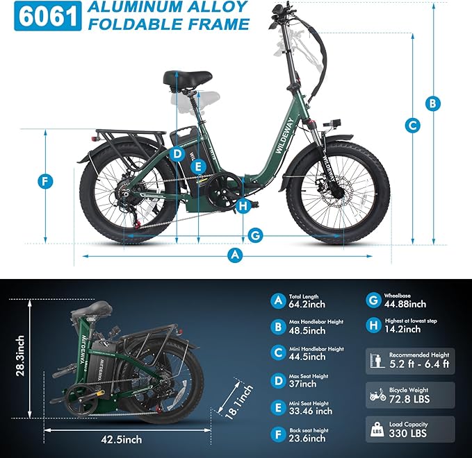 Wildeway Folding Electric Bike for Adults with 750W Motor 32Ah Battery Long Range FW11 Ebike 20 * 3.0 Fat Tire Foldable Adults Electric Bicycle for Men Women City Commuter Delivery 2 Seat
