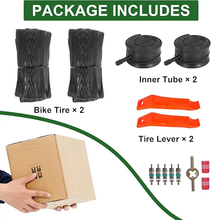 2-Pack 20x1.75 Bike Tire Tube, 20 Inch Mountain Bike Tires & Tubes, Folding Replacement Bicycle Tires with 2 Tire Levers for Hybrid, City Commuter, Urban