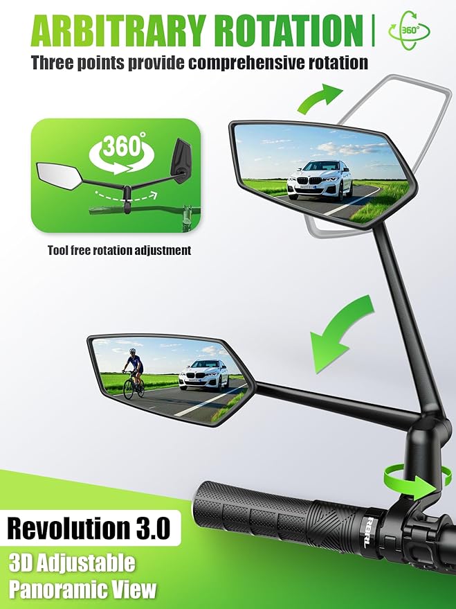 RBRL Bike Mirror, 3D Adjustable Arm for Extended Reach, Aluminum Alloy Anti-shake Bicycle Rearview Mirrors, 360° Panoramic Rearview, Wide Angle Shatterproof & Foldable E-bike Mirror(left)