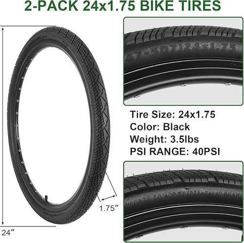 2-Pack 20x1.75 Bike Tire Tube, 20 Inch Mountain Bike Tires & Tubes, Folding Replacement Bicycle Tires with 2 Tire Levers for Hybrid, City Commuter, Urban