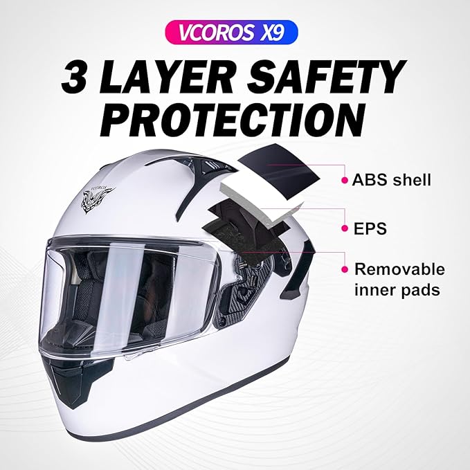 VCOROS Full Face Dual Visor Motorcycle Helmet for Adults Motorbike Street Bike Racing Helmets X9 DOT Approved with Black Visor