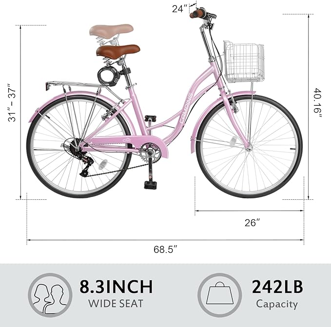Ktaxon Women Bike 24/26 Inch Bicycles for Women, Beach Cruiser Bike with Premium Derailleur & Shift Lever, Adjustable Seat, High-Carbon Steel Frame and Excellent Welding Technology | Premium Derailleur, Shift Lever, Adjustable Seat