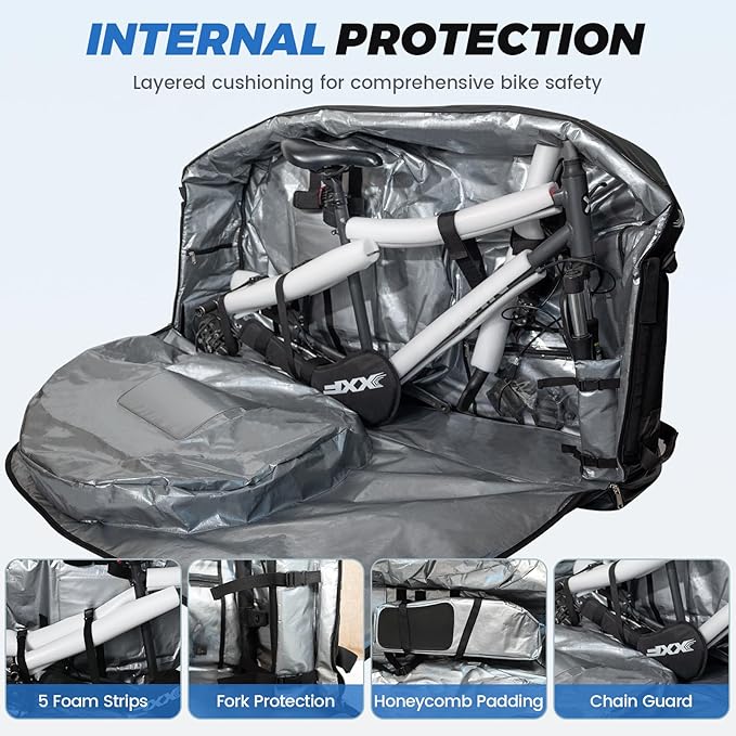 Bike Travel Case & Bike Travel Bag - Bicycle Pro Transport Equipment for Air Flights - Oversized Capacity, Waterproof Fabric with 4 Aluminum Support Bars, Wheel Protection Tubes & YKK Zippers