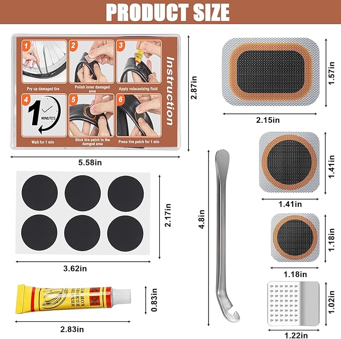 40PCS Bike Tire Repair Kit Vulcanizing Patches Metal Rasp Bicycle Inner Flat Tube Patch Kit for Mountain MTB Motorcycle BMX Road Cyclingwith Portable Storage Box