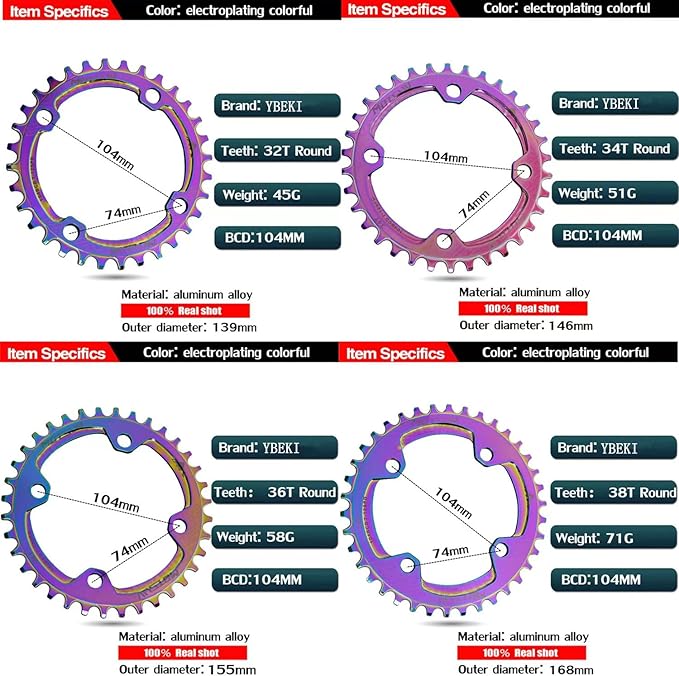 YBEKI 104BCD Chainring - CNC 7075-T6 Aluminum Narrow-Wide Round Chainwheel for MTB/Road Bikes (32-38T) | Compatible with Shimano/SRAM 8-11 Speed | Ultra-Light | Anti-Drop Design