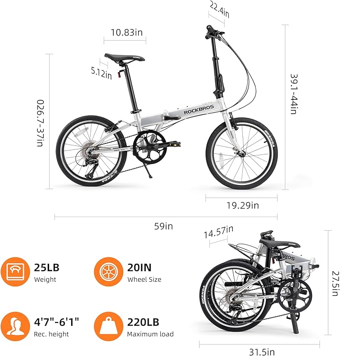 ROCKBROS MBS 20-Inch Folding Bike, 25 lb Portable Lightweight Aluminum Frame, Shimano 8-Speed, V-Brakes, Adjustable Foldable Commuter Bike for Adults & Women