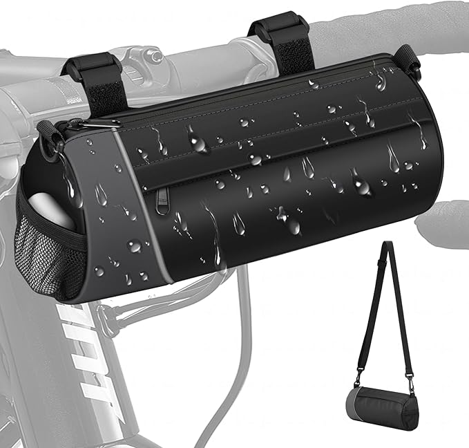 FINPAC Bike Handlebar Bag, Waterproof Bicycle Front Frame Storage Pouch for Cycling, Detachable Shoulder Strap, Mountain Road Bike Bag Bicycle Accessories, Black with reflective strips
