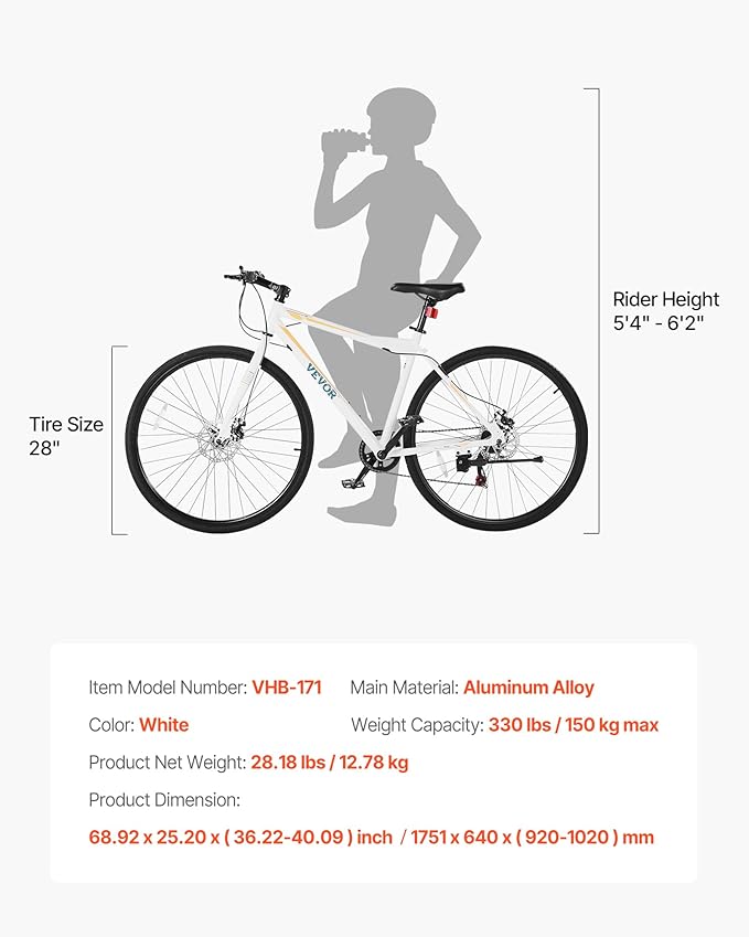 VEVOR Hybrid Bike, Lightweight Aluminum Frame Bike, 700c Wheel Men Women Hybrid Bicycle, Step-Over/Step-Through Adult Urban City Commuter Bikes, with 7/24 Speed, Alloy Adjustable Stem and Seat