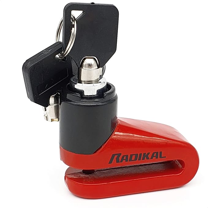 RADIKAL RK505R Disc Lock, More Compact, Lightweight and Portable, Highly Deterrent Red Color, 5.5mm Steel Locking Pin, Universal Anti Theft Wheel Brake Lock for Motorcycle Scooter Electric Bike