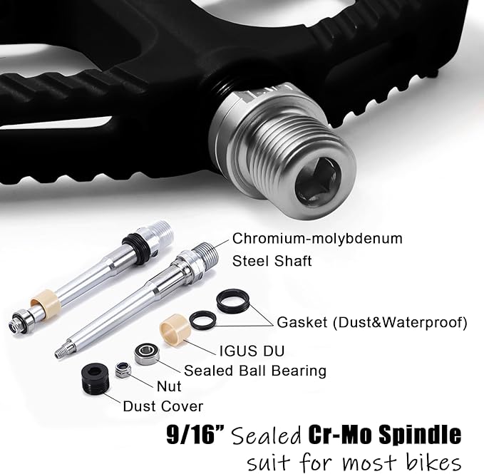 MTB Pedals Flat Mountain Bike Pedals Adult, Light and Wide Nylon Composite Bicycle Platform Pedal w Grippy Pins, 9/16" Cr-Mo Spindle 2 Bearings, Clipless Pedals for BMX Gravel Road E.Bike 9/16"