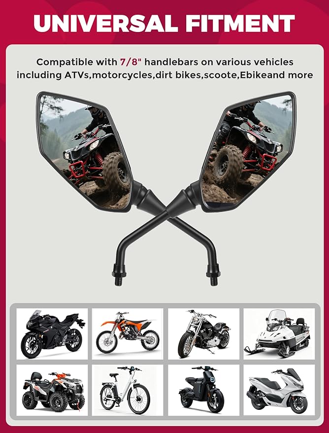 Motorcycle Mirrors Side Rearview Mirror for ATV Scooter Moped Cruiser 8mm/10mm Adapters&7/8" Handlebar Mount,for Polaris Sportsman Yamaha Grizzly Honda Rincon Arctic Cat