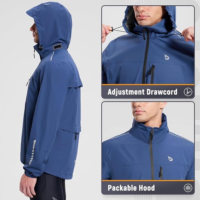 baleaf Men's Rain Jacket Waterproof Windbreaker Raincoat Running Cycling Hiking Gear Hood Lightweight Reflective Packable