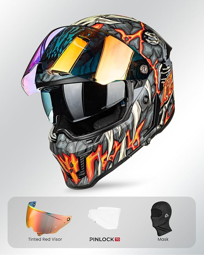 ILM Motorcycle Helmets for Adult Men Women Full Face DOT ECE Powersports Dual Visor Street Racing Helmet with Pinlock Cascos para Motos Model MF509 (Day1 Orange, S)