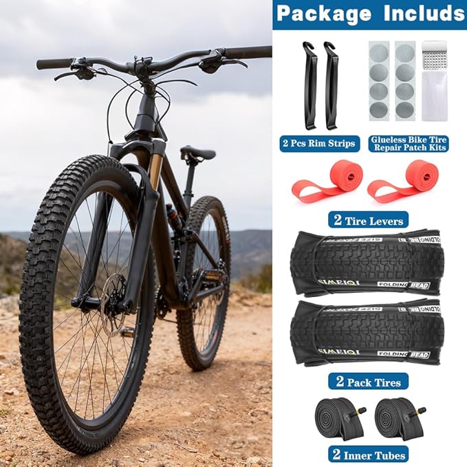 SIMEIQI 2 Pack 24/26/27.5x1.95 26x2.1 29x2.125 Inch Anti-Puncture Tires for Mountain Bike and Tubes Folding Replacement Bicycle Tyres for Hybrid Trails Commuter City Road