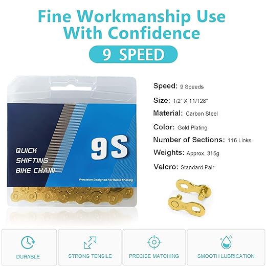Gold Bike Chain 9 Speed Bike Chain,1/2 x 11/128 Inch,116 Links, Alloy Steel,Triple Strand,Suitable for Mountain Bike Road Bike