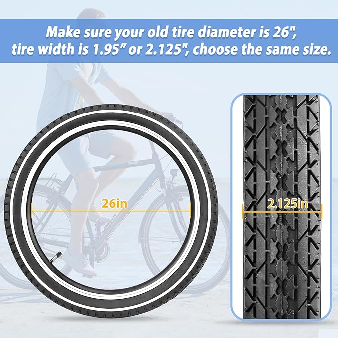 20"/24"/26" x 2.125" Folding Replacement Bike Tires for Beach Cruiser Bike，Bicycle Tires for Commuter Bikes，White Wall，1/2Tires & 1/2 Tubes & 2 Levers