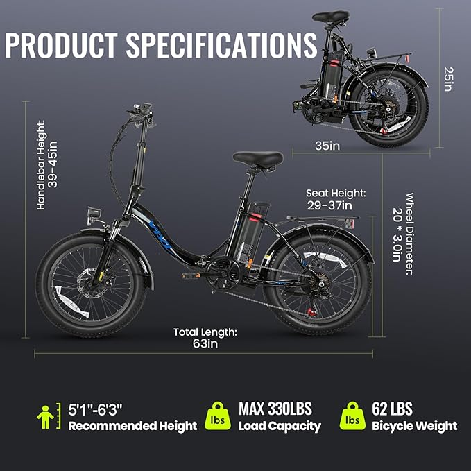 Vivi MT20UL Portable Electric Bike 20" x3.0 Fat Tire Foldable E-Bike with 48V 499.2WH Detachable Battery, 1000W Peak Power, Up to 50 Miles Capacity, 7-Speed, 21.7MPH, SGS UL2849 Certified