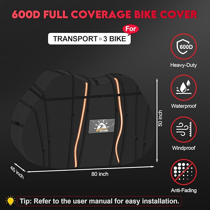 Zettum Bike Cover for Transport 3 Bike - 600D Travel Bike Covers for Bikes on Rear Bike Rack Waterproof & Heavy Duty, Outdoor Full Bicycle Rack Cover for Three Bikes on Car Hitch Storage