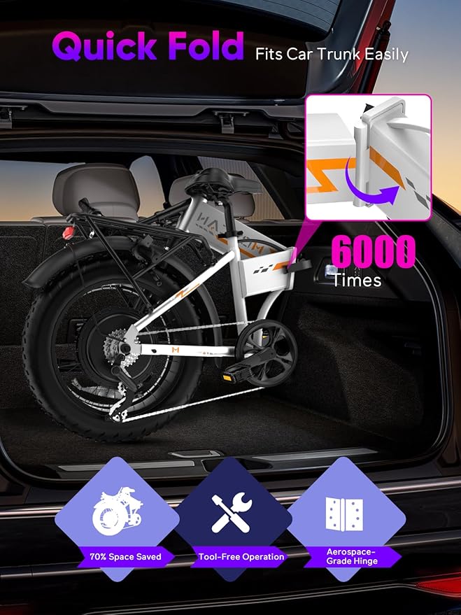 Movcan Q20 Folding Electric Bike, 52V 15.6Ah Removable Concealed Battery 20” Fat Tire Dirt Bike,1500W Motor 30 MPH Top Speed E Bikes, 7 Speed Dual Hydraulic Brake Electric Bikes for Adults