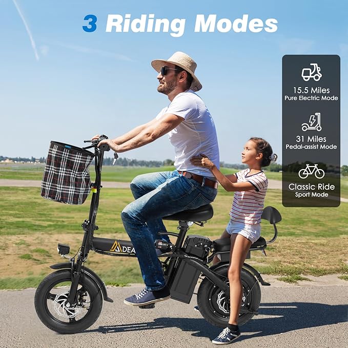 Folding Electric Bike for Adult,14" Foldable Ebike with Passenger Seat Peak 500W Motor 18.6MPH 30+ Miles(MAX) E-Bike with 48V Removable Battery/Shock Absorber/LCD Display/USB Phone Holder/Front basket